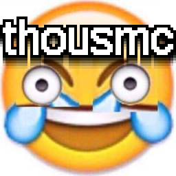 Yellow laughing emoji with tears of joy, overlaid with the bold text 'thousmc'